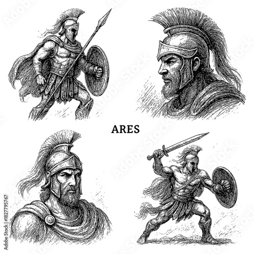 Ares Greek God of War in Vintage Engraving Style Transparent Background