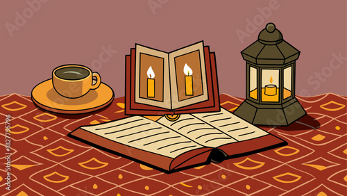 Still life of books, lantern, and coffee cup on patterned tablecloth creates a cozy atmosphere