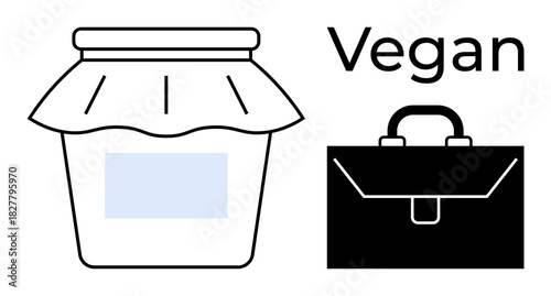 Jar with fabric lid, briefcase, and vegan text emphasizing sustainability and lifestyle choices. Ideal for veganism, healthy living, work-life balance, minimalism, conscious consumerism, branding