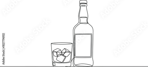 Whiskey bottle and glass with ice minimalist line art illustration