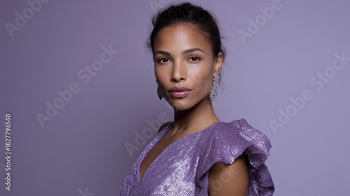 Glamorous woman wearing a shimmering lavender sequin dress with sculpted ruffled shoulder detail, posing against a soft lilac backdrop. Elegant makeup, defined brows, natural glow,