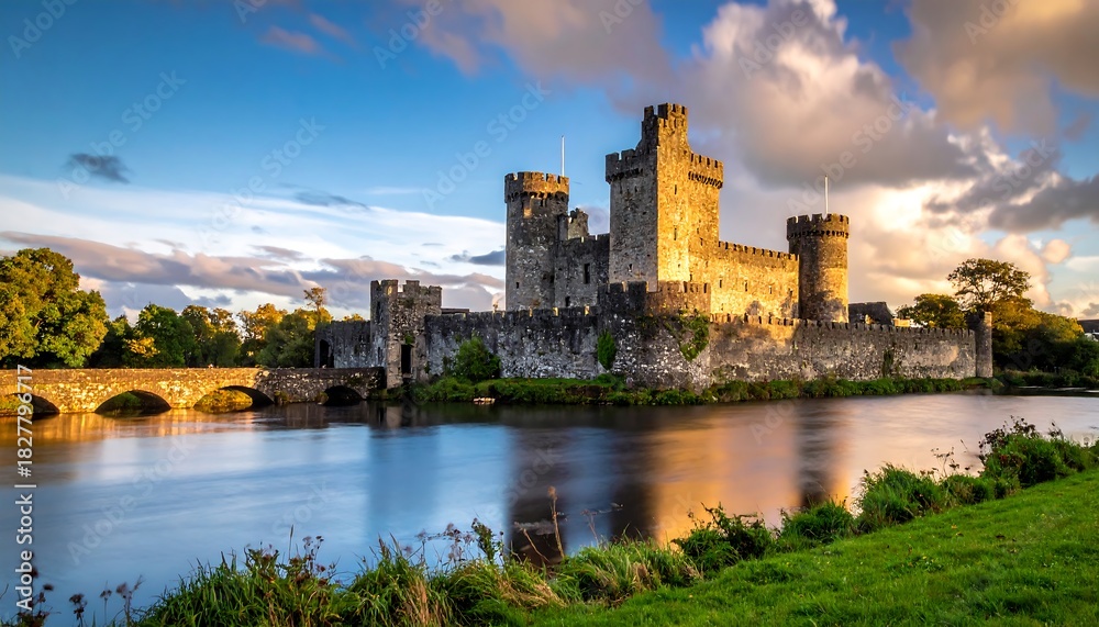 Obraz premium Castle rises from water; blue river, blue sky, green grass. Bridge crosses water to the ancient fortress
