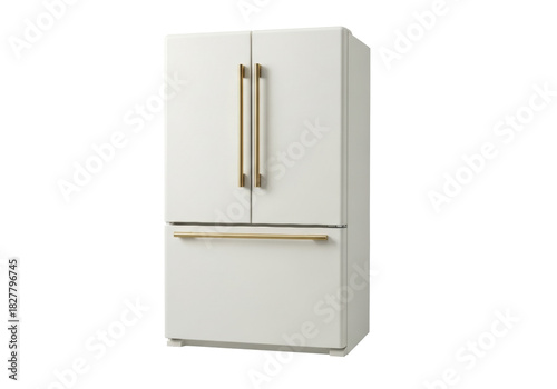 Isolated French door fridge with long handles stands against a plain light backdrop