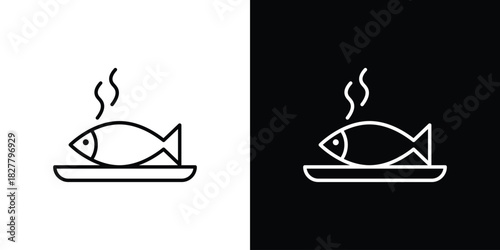 Cooked fish icons set with editable black and white stroke line style for ui designs
