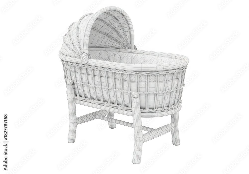 Obraz premium White wicker moses basket bassinet with canopy isolated on transparent background