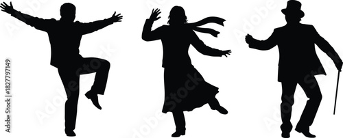 Dancing People Silhouettes Set, Showing Men and Woman in Joyful, Dynamic Movement and Retro Attire, Representing Celebration and Happiness Vector Art