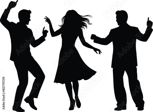 Set of People Silhouettes Dancing Vector Illustration, Man and Woman in Party Clothes Dancing, Celebration, Nightclub, Disco, Event, Fun, and Music Lifestyle Graphic