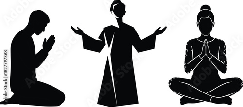 Set of spiritual and religious practice silhouettes: a man kneeling in prayer, a figure with open arms in worship, and a woman meditating in a lotus pose, representing faith and spirituality