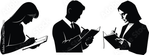Writing People Silhouettes Set, Showing Man and Women Taking Notes in Notebooks, Representing Education, Journalism, Business, and Planning Vector Art