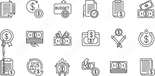 Collection of Financial and Business Icons Representing Money Transactions, Budgeting, and Investment Growth with Dollar Symbols