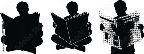 Three Silhouettes of People Sitting and Reading Newspaper Spreading Knowledge, News, and Information, Black and White Halftone Graphic Vector Illustration