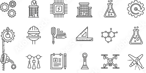 Collection of Engineering and Technology Icons Featuring Gears Buildings Microchips and Laboratory Equipment