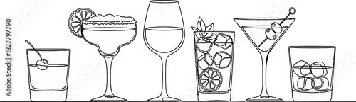 Line art illustration of various cocktails and drinks on a surface
