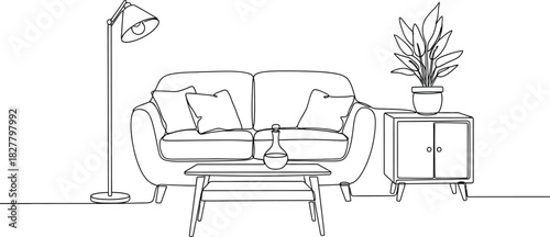 Living room interior sketch with sofa table plant and clock illustration