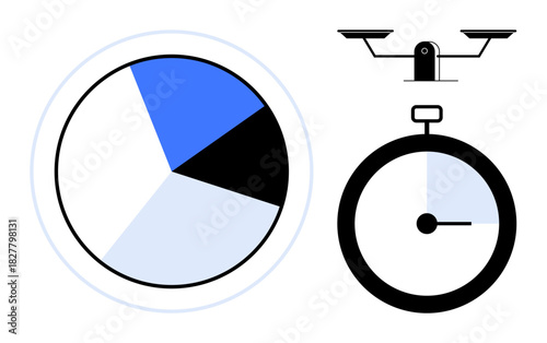 Pie chart with blue and black segments, stopwatch showing time allocation, balance scale symbolizing equality. Ideal for statistics, productivity, weighing options, fairness, prioritization