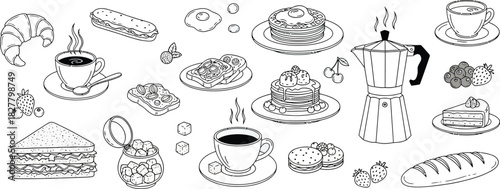 Hand drawn coffee and pastry collection black and white illustration