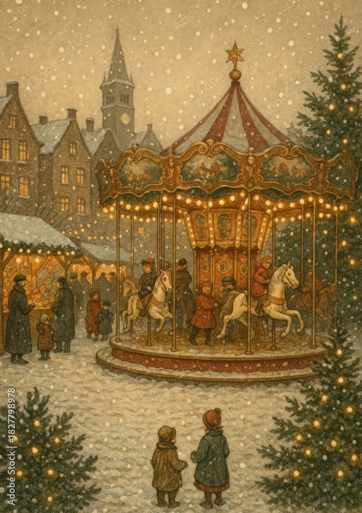 Fototapeta premium Vintage carousel winter wonderland scene.