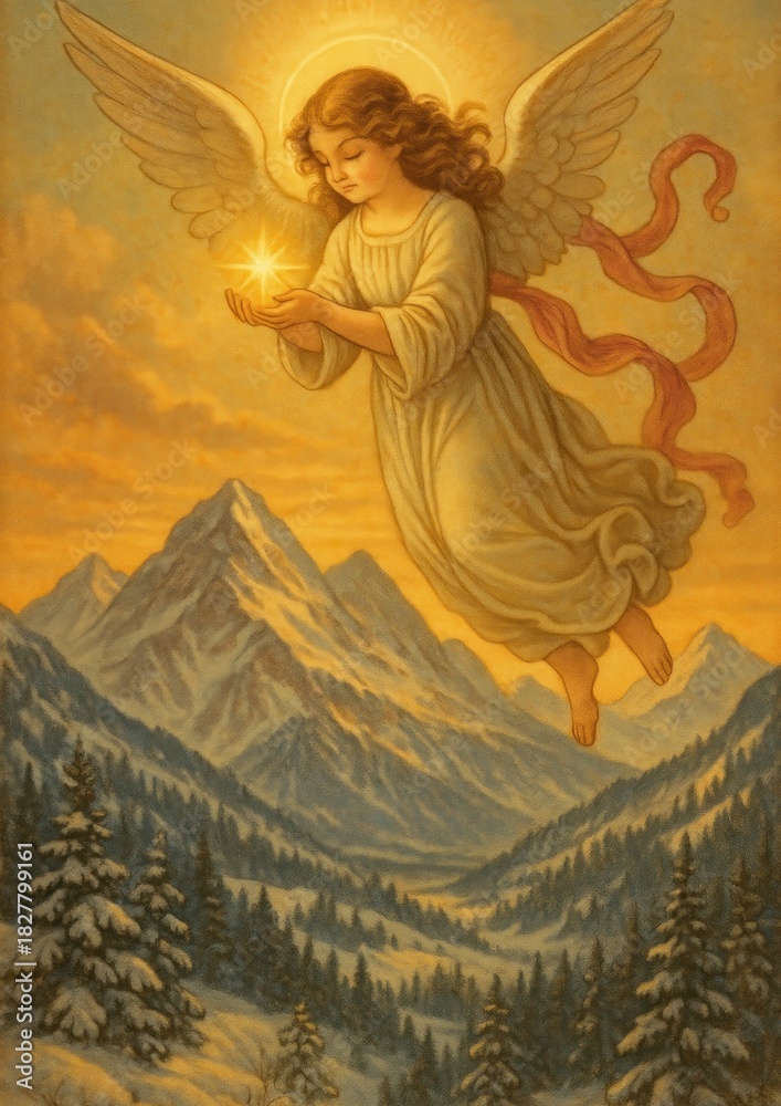 Fototapeta premium Ethereal angelic figure amidst mountains.