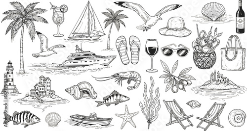 Tropical vacation doodle collection with island palm trees and beach elements