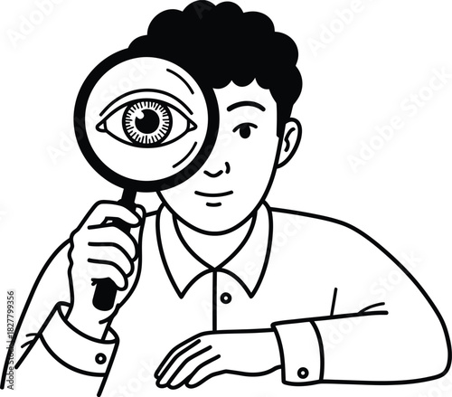 Line art illustration of man holding magnifying glass over eye