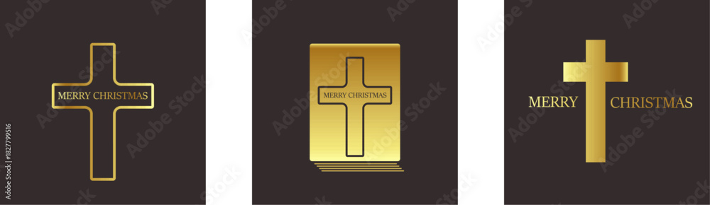 Obraz premium Merry Christmas Christian golden geometric background collection with golden text and cross. Merry Christmas minimalistic poster set, social media post layout, square banner design template set