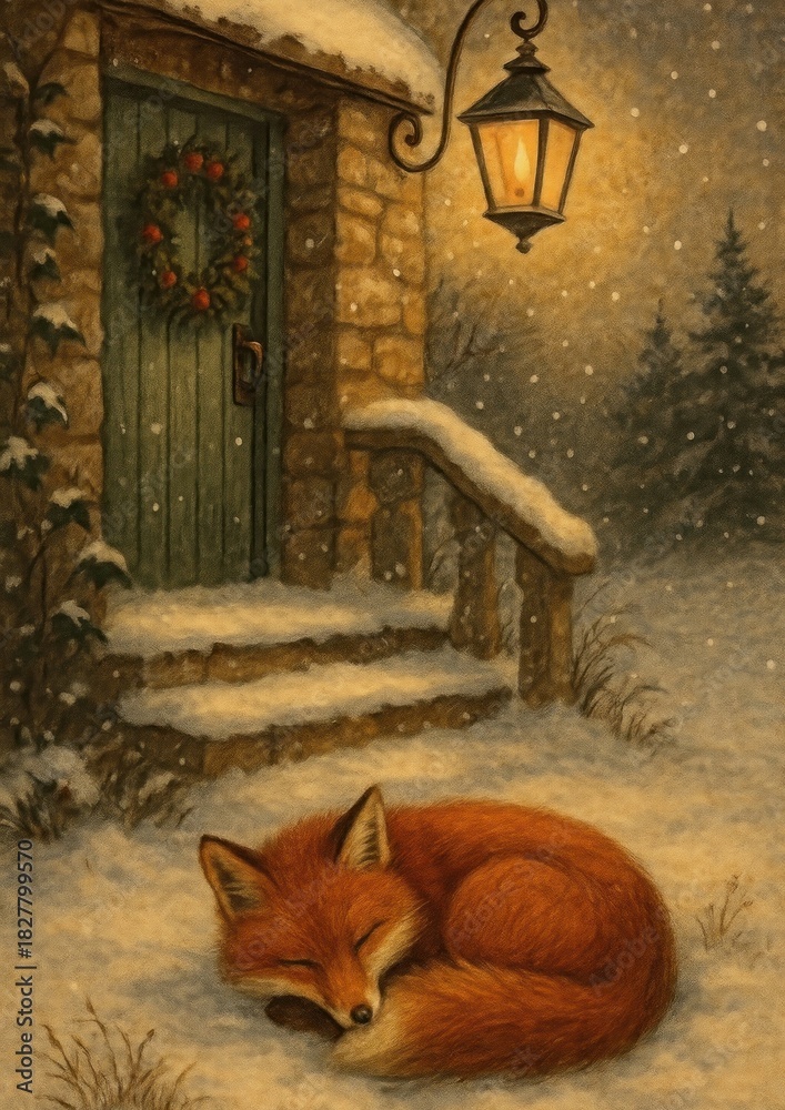 Naklejka premium Cozy fox under snowy lantern.