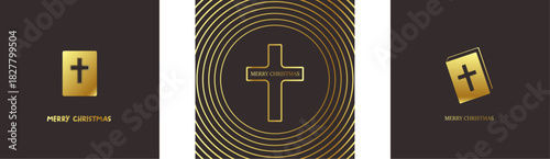 Merry Christmas Christian golden geometric background collection with golden text and cross. Merry Christmas minimalistic poster set, social media post layout, square banner design template set