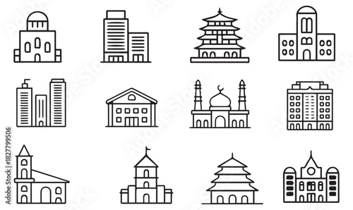 Cultural Architecture Icons Set – Global Building Styles and Civic Structures Line Art Collection