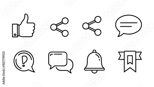 Set of social media and notification icons in a minimalist line art style