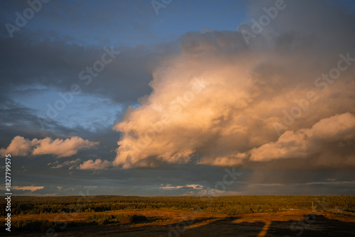Canvas Print Panoramic view presenting sunlit clouds during a dramatic sunset above a vast forest and open field