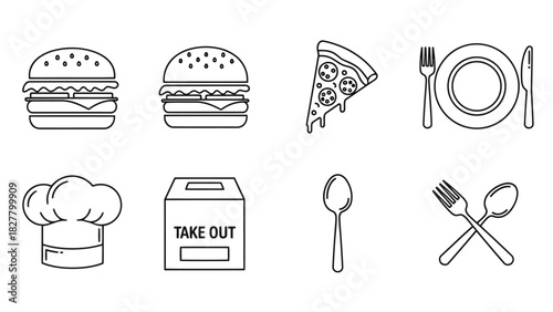 Food and Restaurant Line Icons Set – Burger, Pizza, Chef Hat, Takeout, Cutlery Symbols