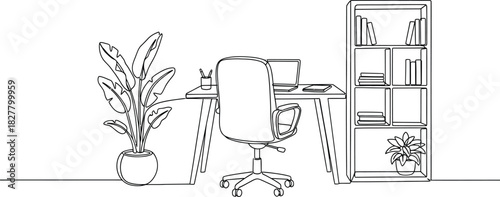 Minimalist home office sketch with desk chair plant and bookshelf