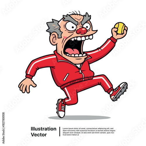 Angry old man in red tracksuit about to throw a yellow ball, cartoon illustration