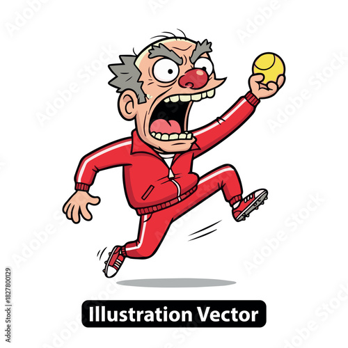 Energetic cartoon man in red tracksuit about to throw a tennis ball, action shot
