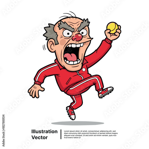 Furious cartoon coach character yelling in anger, an elderly man in a red tracksuit holding a ball