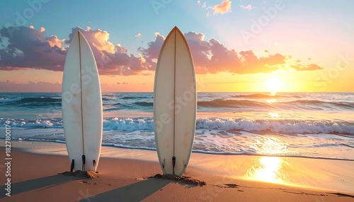 Two surfboards stand on a sandy beach as golden sunlight illuminates the ocean waves at sunset