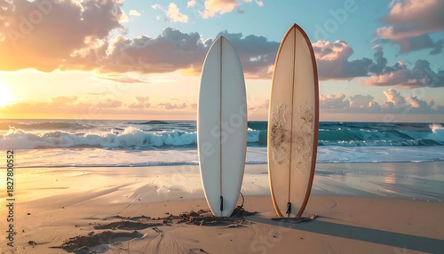 Two surfboards stand upright in soft, golden sunlight on a sandy beach with waves crashing in the background