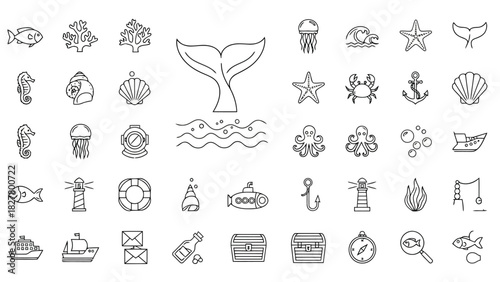 Clean outline icon set of whale tail, fish, starfish, shells, waves and marine life for ocean, travel and nature design.
