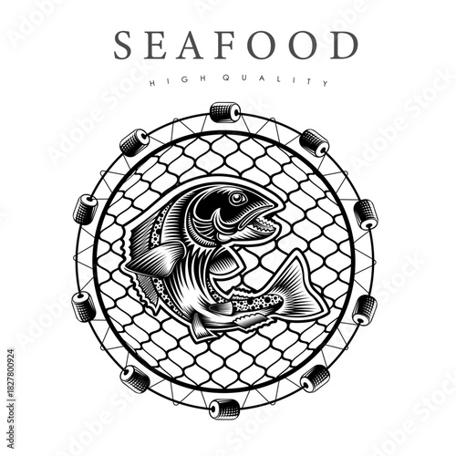 Salmon vector emblem with fishing net background isolated on white. Design of label for canned fish and seafood