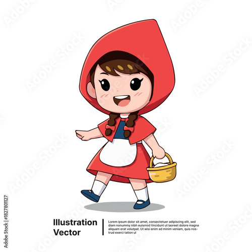 Adorable cartoon young girl in a bright red hooded cloak carrying a basket on a pleasant stroll vector illustration