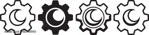 Four Gear Icons With Crescent Moon Inside Line Fill Solid wheel mechanical