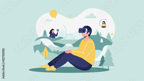 Virtual Reality Journey Man Immersed in VR World Woman Takes Photo