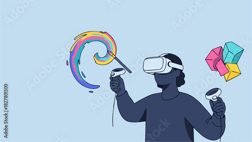 Metaverse Artist Creating Digital Art with VR Goggles Virtual Reality Painting
