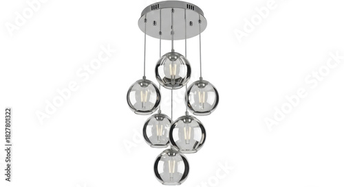 Isolated hanging contemporary chrome pendant light fixture with spherical glass shades