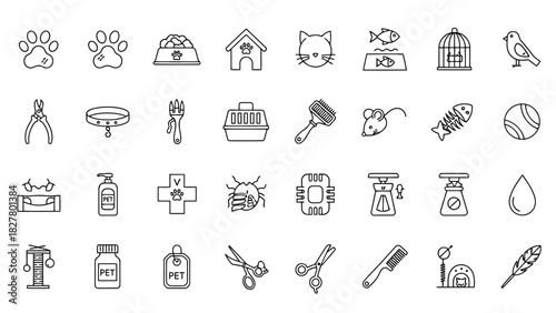 Minimal mixed outline icons for pets, home, medical, tools, repair and daily lifestyle design use.
