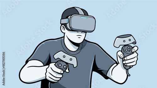 Man Immersed in Virtual Reality Vector Illustration of Gaming and Technology