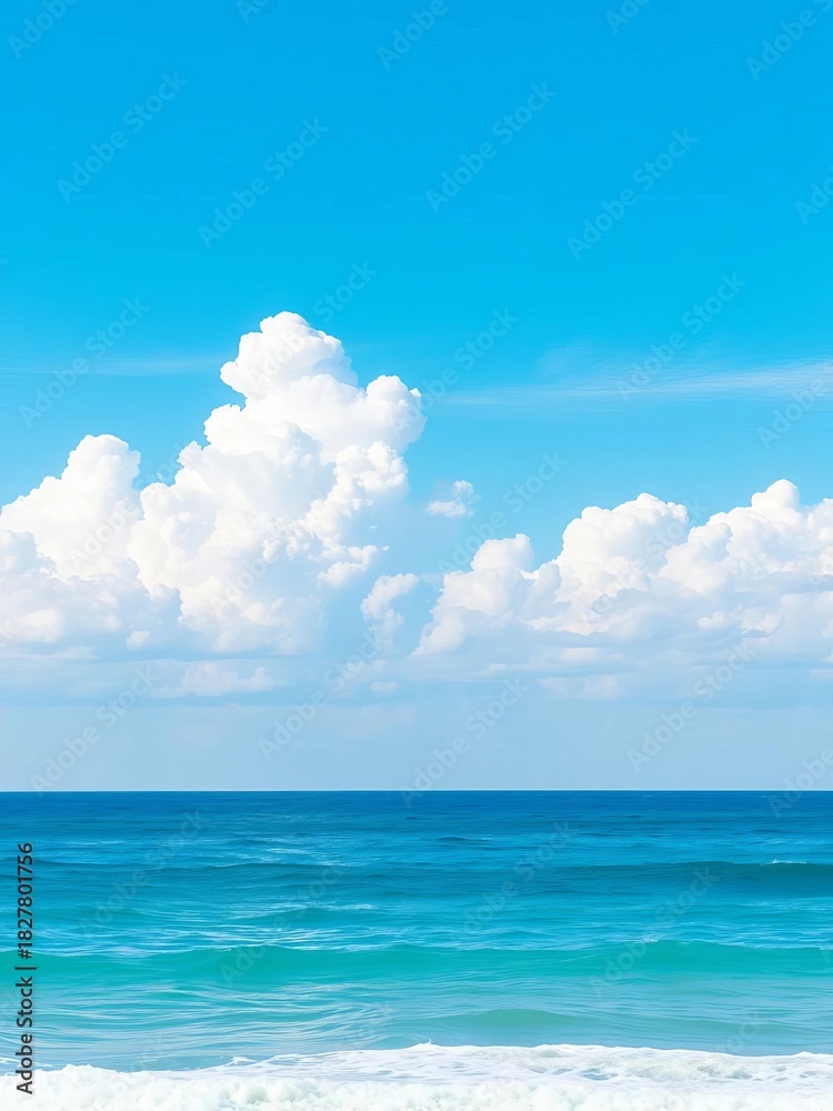 Obraz premium Vast white clouds drift on a pale blue horizon, evoking the feeling of a serene morning by the sea, travel, clouds