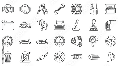 Tools and automotive outline icons for repair, garage, car service, mechanic work, and parts.