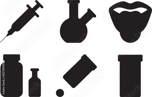 Medical and laboratory equipment icons on a white background syringe flask