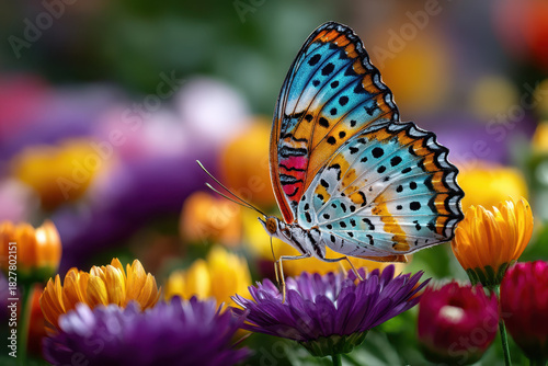 Colorful butterfly resting on vibrant flowers in a garden during springtime
